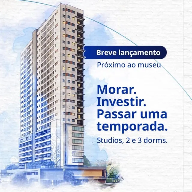 Ilustração de um prédio alto, breve lançamento próximo ao museu